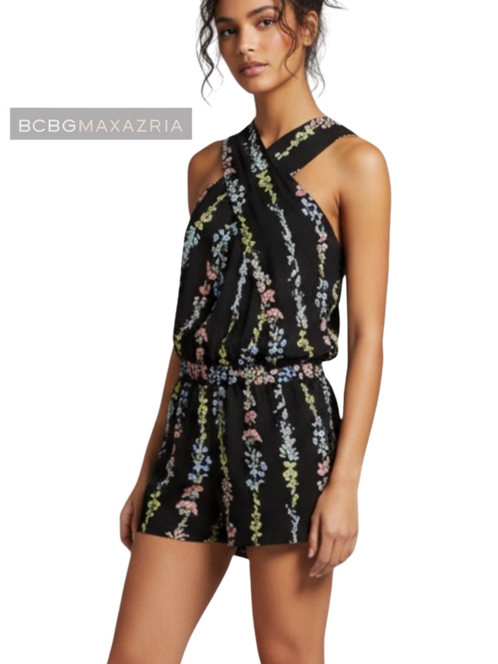 BCBGMAXAZRIA new Isla Black Floral Stripe Romper Crisscross Short Jumper